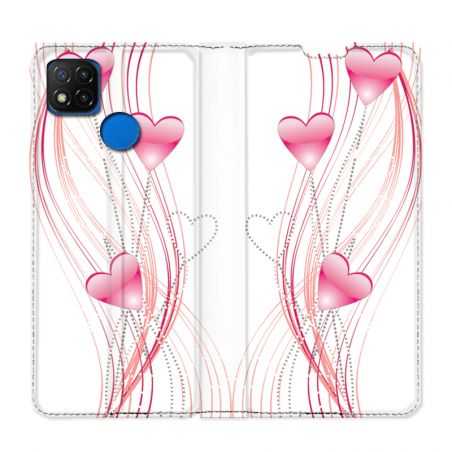 Housse Cuir Portefeuille PourXiaomi Redmi 9C Coeur Rose Montant sur Blanc