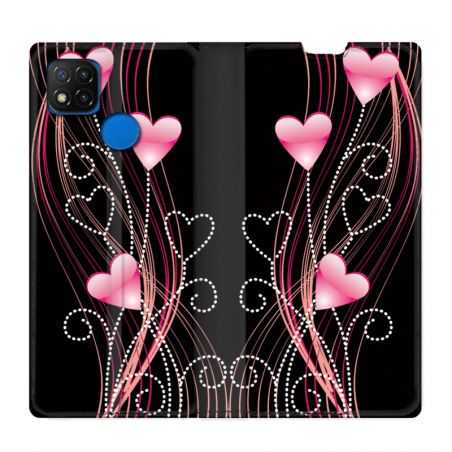 Housse Cuir Portefeuille PourXiaomi Redmi 9C Coeur Rose Montant sur Noir