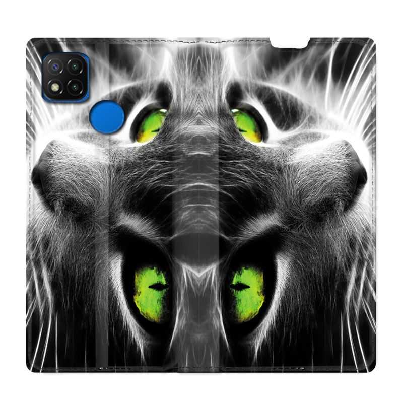 Housse Cuir Portefeuille PourXiaomi Redmi 9C Chat Vert