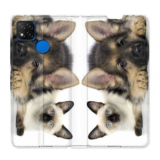 Housse Cuir Portefeuille PourXiaomi Redmi 9C Chien vs Chat