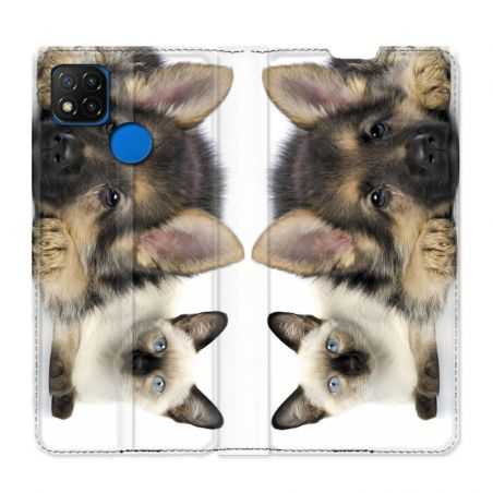 Housse Cuir Portefeuille PourXiaomi Redmi 9C Chien vs Chat