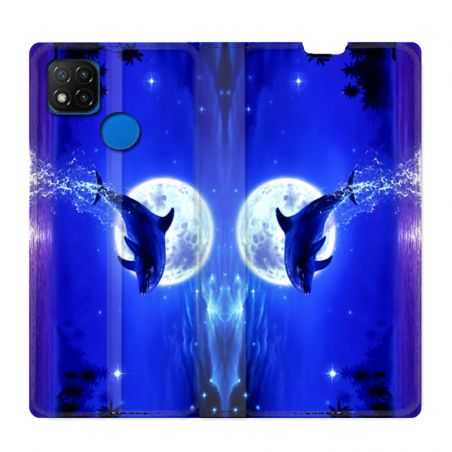 Housse Cuir Portefeuille PourXiaomi Redmi 9C Dauphin Lune