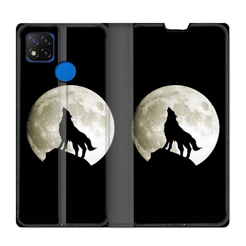 Housse Cuir Portefeuille PourXiaomi Redmi 9C Loup Noir