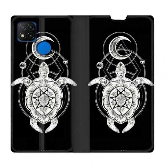 Housse Cuir Portefeuille PourXiaomi Redmi 9C Animaux Maori Tortue Noir