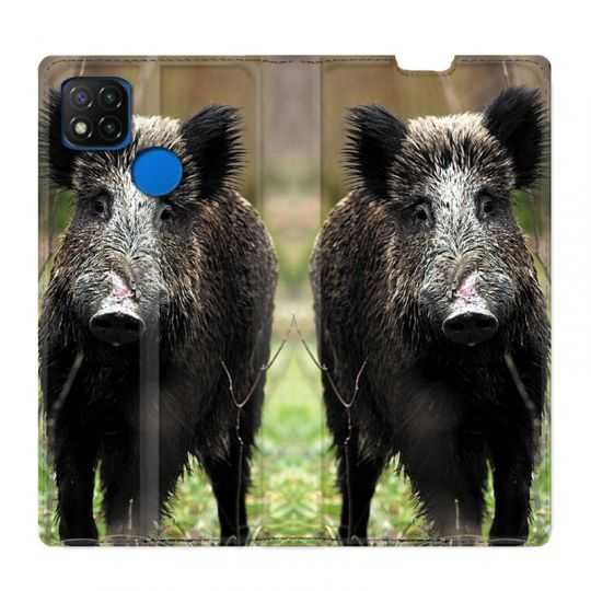 Housse Cuir Portefeuille PourXiaomi Redmi 9C Chasse Sanglier bois