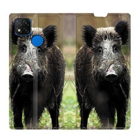 Housse Cuir Portefeuille PourXiaomi Redmi 9C Chasse Sanglier bois