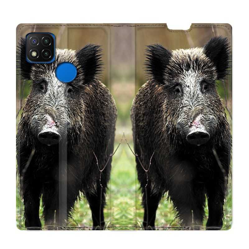 Housse Cuir Portefeuille PourXiaomi Redmi 9C Chasse Sanglier bois