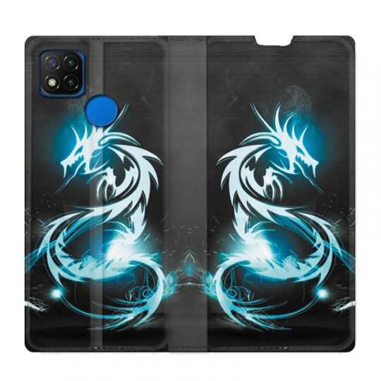 Housse Cuir Portefeuille PourXiaomi Redmi 9C Dragon Bleu