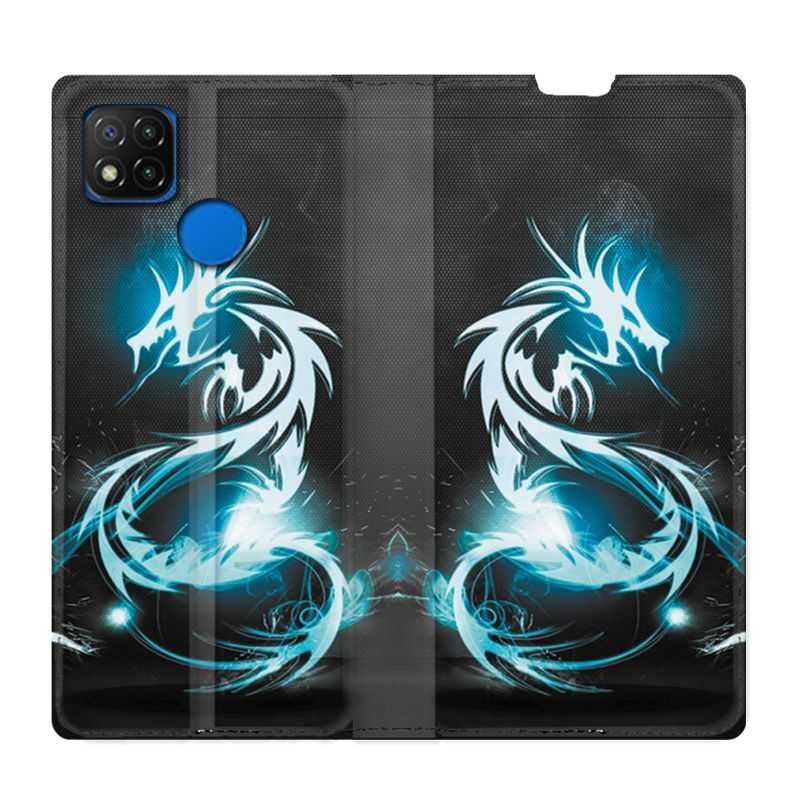 Housse Cuir Portefeuille PourXiaomi Redmi 9C Dragon Bleu