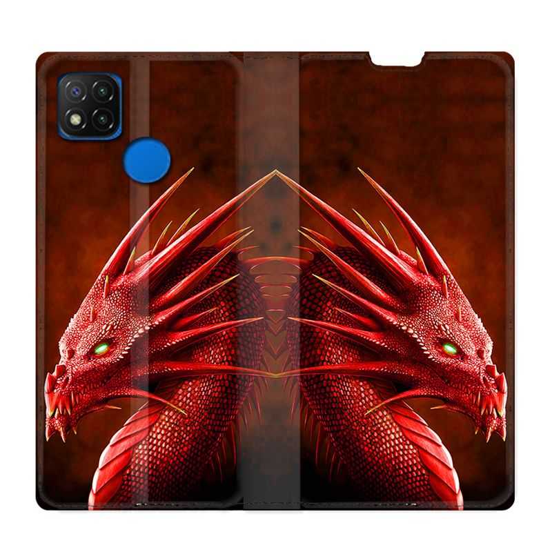 Housse Cuir Portefeuille PourXiaomi Redmi 9C Dragon Rouge