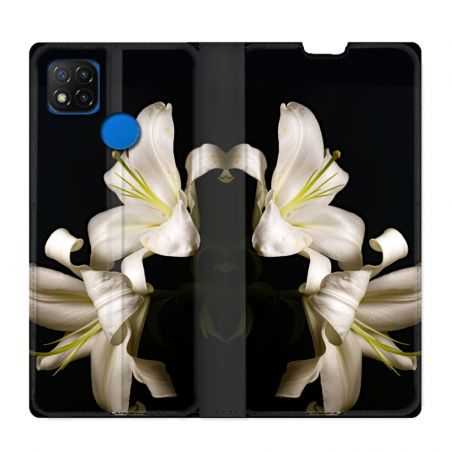 Housse Cuir Portefeuille PourXiaomi Redmi 9C Fleur Lys Noir