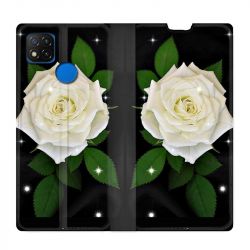 Housse Cuir Portefeuille PourXiaomi Redmi 9C Fleur Rose Blanche