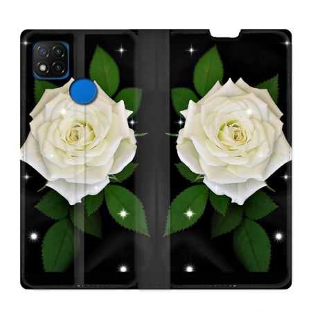 Housse Cuir Portefeuille PourXiaomi Redmi 9C Fleur Rose Blanche