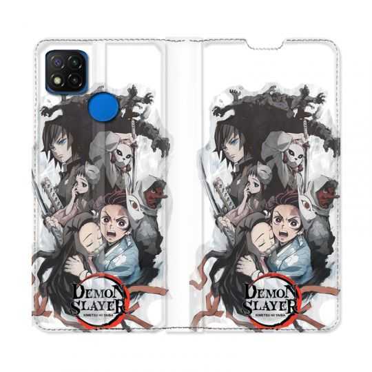 Housse Cuir Portefeuille PourXiaomi Redmi 9C Manga Demon Slayer Blanc