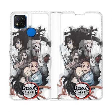 Housse Cuir Portefeuille PourXiaomi Redmi 9C Manga Demon Slayer Blanc