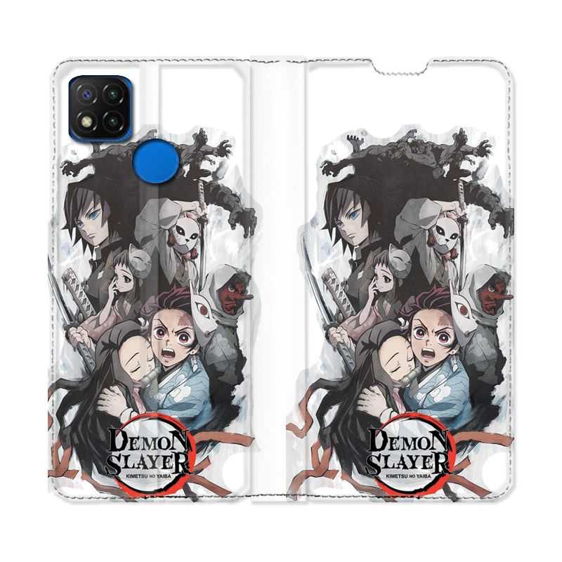Housse Cuir Portefeuille PourXiaomi Redmi 9C Manga Demon Slayer Blanc