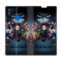 Housse Cuir Portefeuille PourXiaomi Redmi 9C Manga Demon Slayer Noir