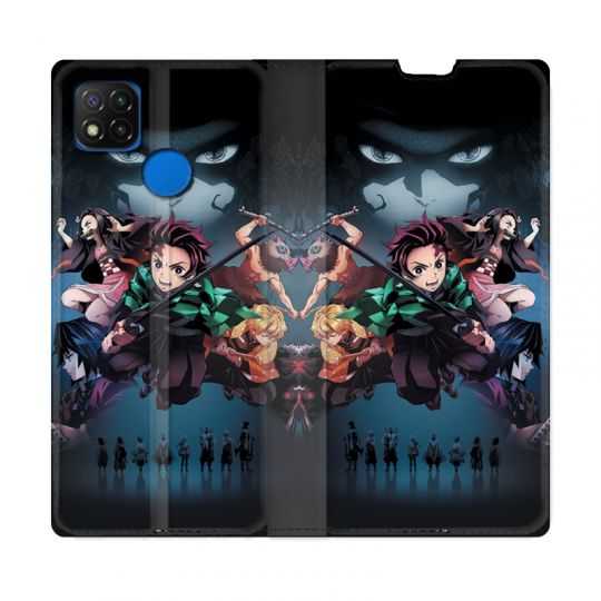 Housse Cuir Portefeuille PourXiaomi Redmi 9C Manga Demon Slayer Noir