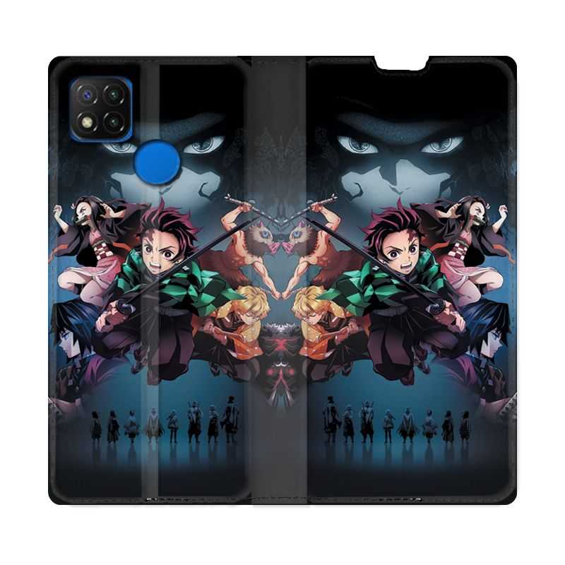 Housse Cuir Portefeuille PourXiaomi Redmi 9C Manga Demon Slayer Noir