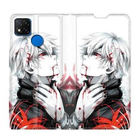 Housse Cuir Portefeuille PourXiaomi Redmi 9C Manga Kaneki Blanc