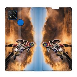 Housse Cuir Portefeuille PourXiaomi Redmi 9C Moto Cross Blanc