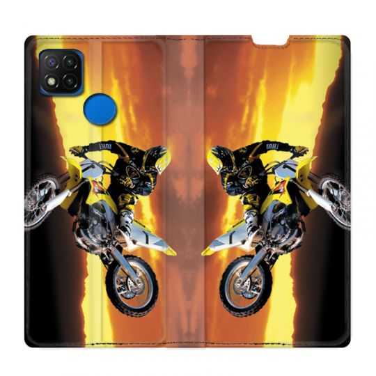 Housse Cuir Portefeuille PourXiaomi Redmi 9C Moto Cross Noir