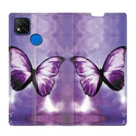 Housse Cuir Portefeuille PourXiaomi Redmi 9C Papillon Violet et Blanc