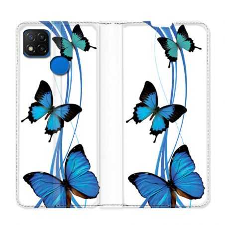 Housse Cuir Portefeuille PourXiaomi Redmi 9C Papillon bleu sur Blanc