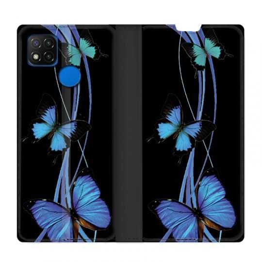 Housse Cuir Portefeuille PourXiaomi Redmi 9C Papillon bleu sur Noir