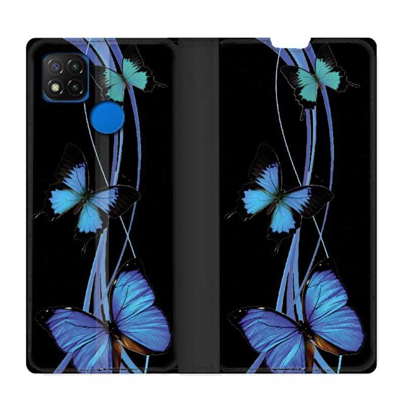 Housse Cuir Portefeuille PourXiaomi Redmi 9C Papillon bleu sur Noir