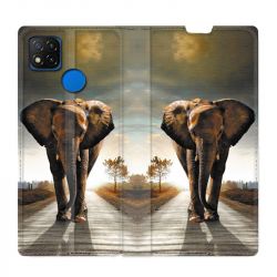 Housse Cuir Portefeuille PourXiaomi Redmi 9C Savane Elephant Route