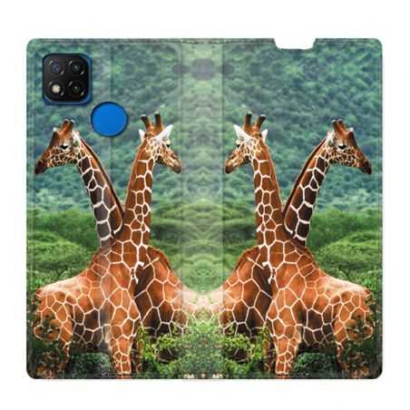 Housse Cuir Portefeuille PourXiaomi Redmi 9C Savane Girafe Duo