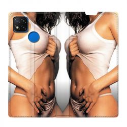 Housse Cuir Portefeuille PourXiaomi Redmi 9C Sexy Tee Shirt Blanc