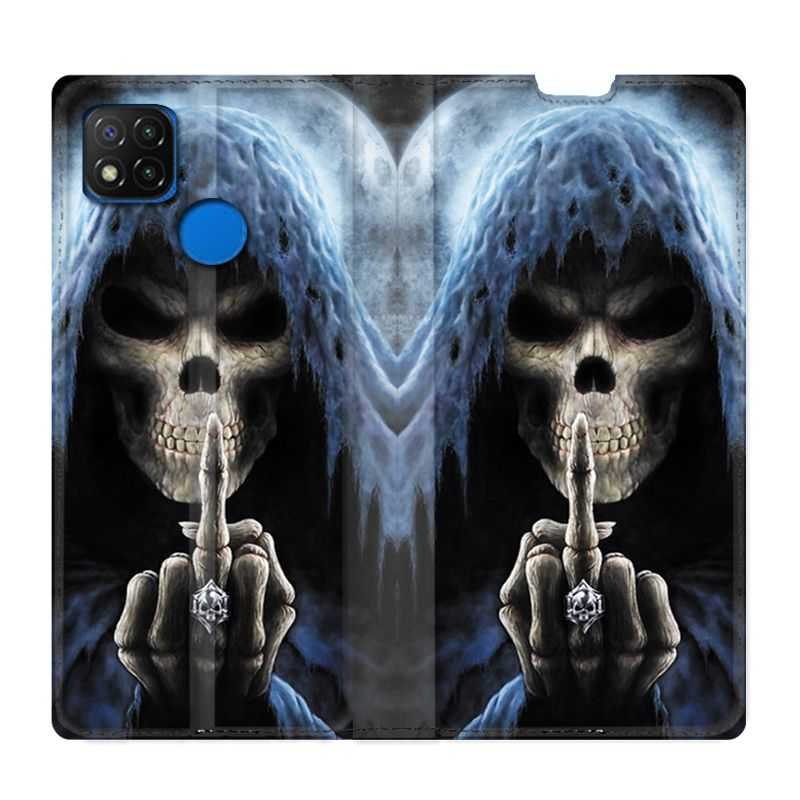 Housse Cuir Portefeuille PourXiaomi Redmi 9C Tete de Mort Doigt