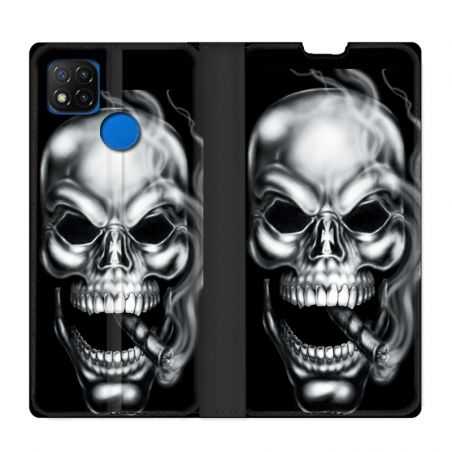 Housse Cuir Portefeuille PourXiaomi Redmi 9C Tete de Mort Fume