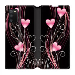 Housse cuir portefeuille Pour Samsung Galaxy A02S Coeur Rose Montant sur Noir