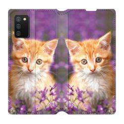 Housse cuir portefeuille Pour Samsung Galaxy A02S Chat Violet