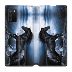 Housse cuir portefeuille Pour Samsung Galaxy A02S Cheval Noir