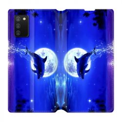 Housse cuir portefeuille Pour Samsung Galaxy A02S Dauphin Lune