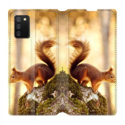 Housse cuir portefeuille Pour Samsung Galaxy A02S Ecureuil Bois