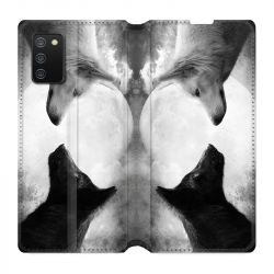 Housse cuir portefeuille Pour Samsung Galaxy A02S Loup Duo