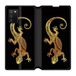 Housse cuir portefeuille Pour Samsung Galaxy A02S Animaux Maori Lezard Noir