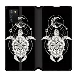 Housse cuir portefeuille Pour Samsung Galaxy A02S Animaux Maori Tortue Noir