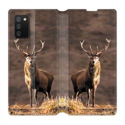 Housse cuir portefeuille Pour Samsung Galaxy A02S Chasse Chevreuil Blanc