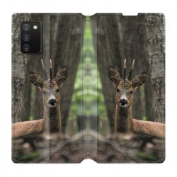 Housse cuir portefeuille Pour Samsung Galaxy A02S Chasse Chevreuil Bois