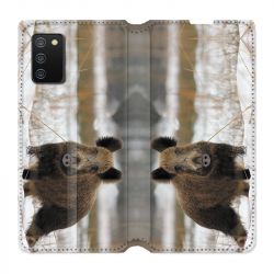 Housse cuir portefeuille Pour Samsung Galaxy A02S Chasse Sanglier Neige