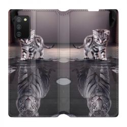 Housse cuir portefeuille Pour Samsung Galaxy A02S Chat Reflet