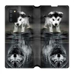 Housse cuir portefeuille Pour Samsung Galaxy A02S Chien Reflet