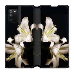 Housse cuir portefeuille Pour Samsung Galaxy A02S Fleur Lys Noir