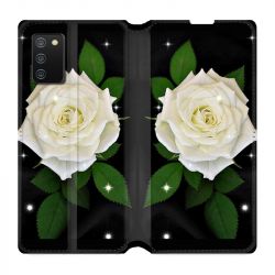 Housse cuir portefeuille Pour Samsung Galaxy A02S Fleur Rose Blanche
